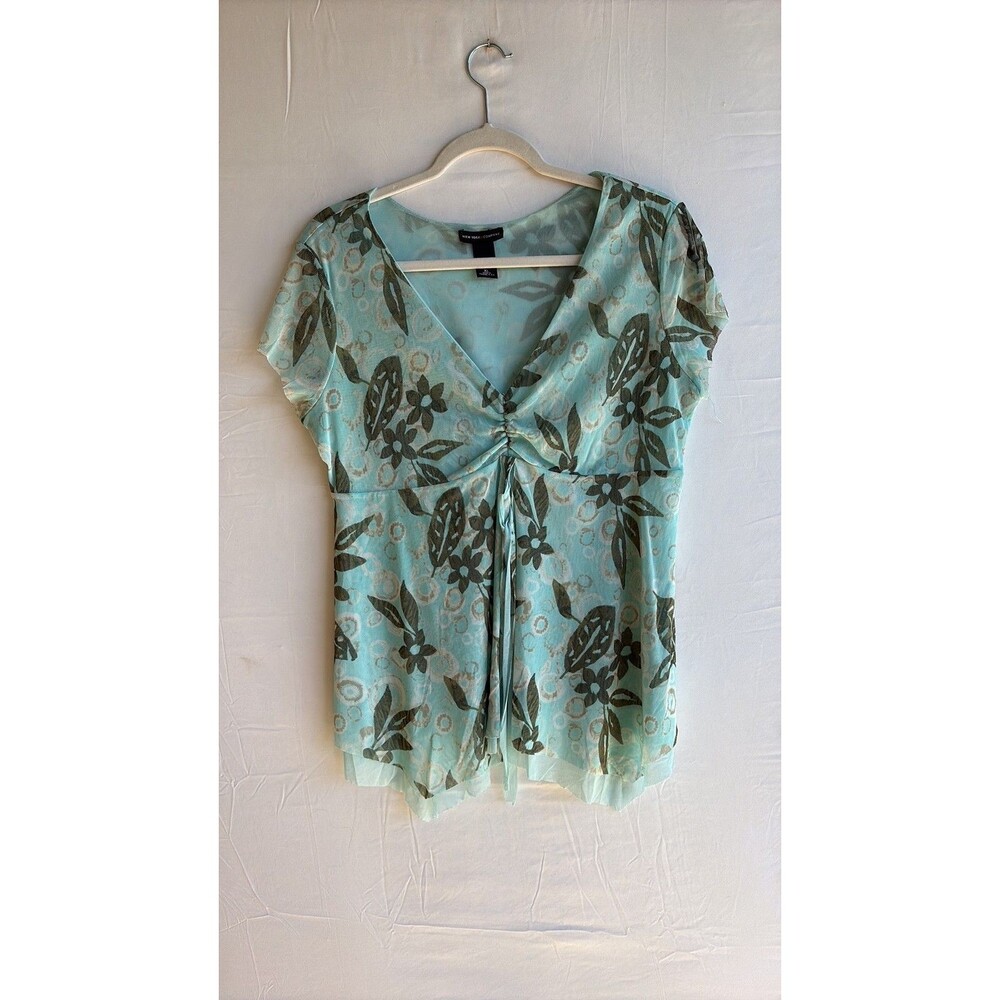 Vintage Y2K New York & Company Mesh Floral Top Teal XL